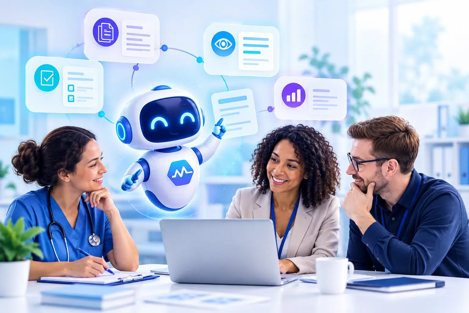 Three colleagues around a desk with a laptop, looking towards an assistant character that presents floating cards showing a document, a checklist, a visibility icon and a chart.